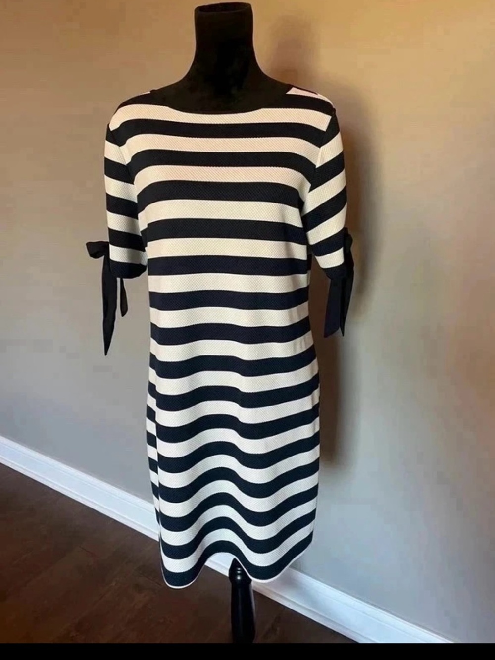 Striped Navy and White Knit Tie-Sleeve Dress